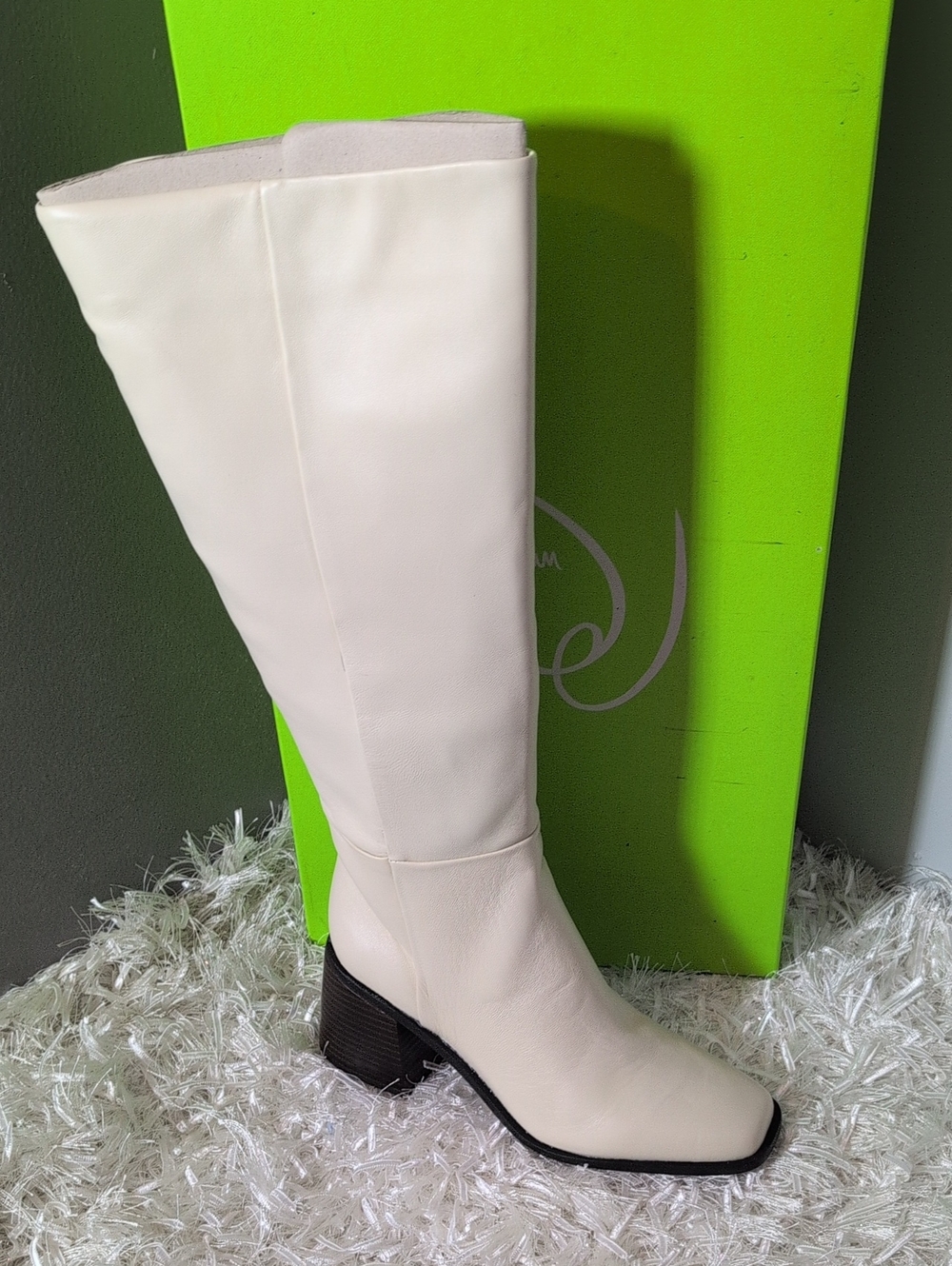 Sam Edelman Cream High-Wide Calf Block Heel Boots